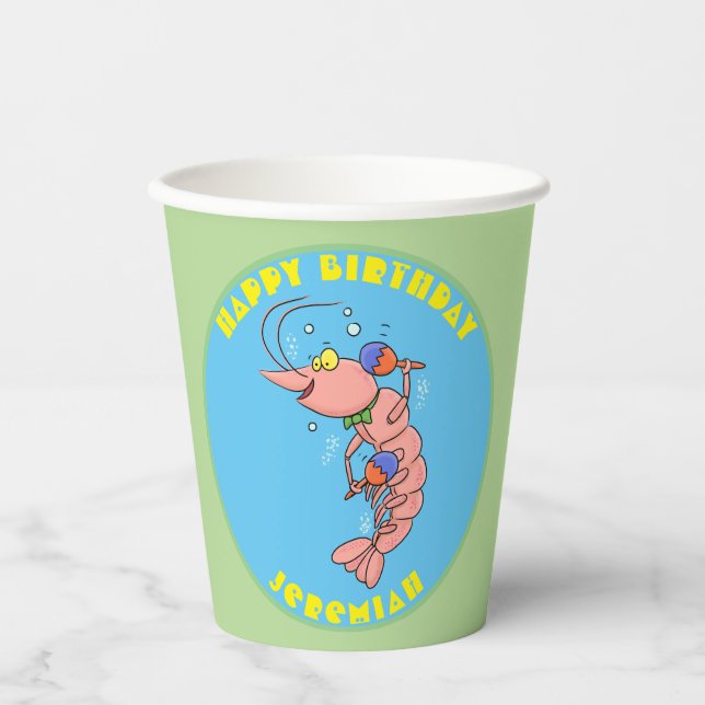Cute happy cartoon prawn with maracas paper cups (Front)