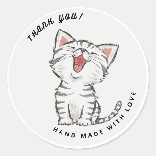Cute Happy Cat Kitten Grey Thank You Classic Round Sticker (Front)
