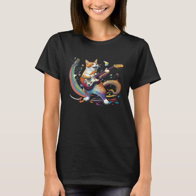 Cute Happy Cat Playing the Guitar T-Shirt (Front)