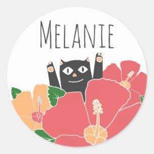 Cute Happy Cat Spring Flowers Personalised Classic Round Sticker