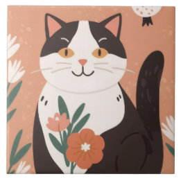 Cute Happy Cat with Spring Flowers Ceramic Tile