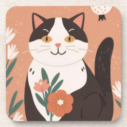Cute Happy Cat with Spring Flowers Coaster
