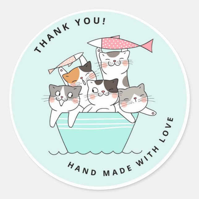 Cute Happy Cats Handmade with Love Thank You Order Classic Round Sticker (Front)