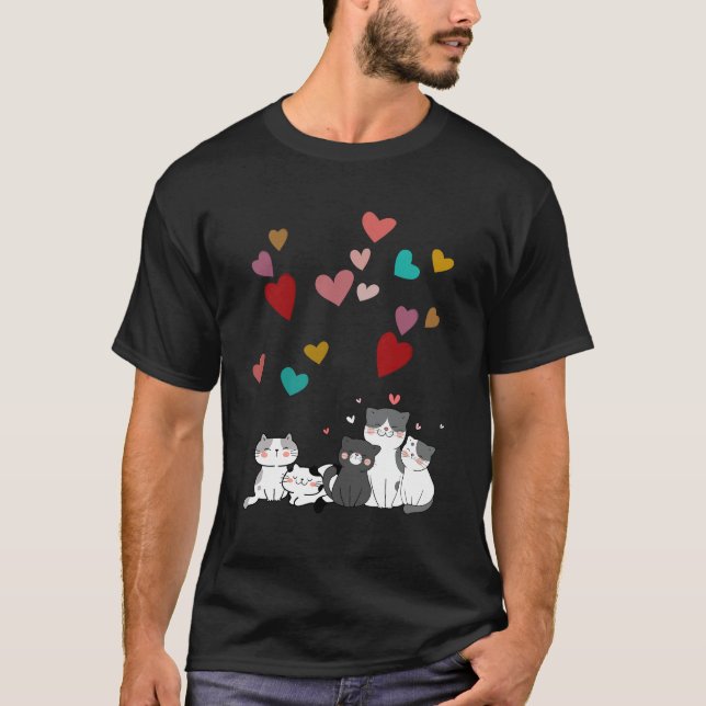 Cute happy cats surrounded by hearts T-Shirt (Front)