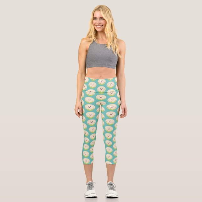 Cute happy cauliflower vegetable cartoon  capri leggings (Front)