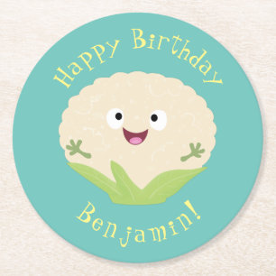 Cute happy cauliflower vegetable cartoon round paper coaster