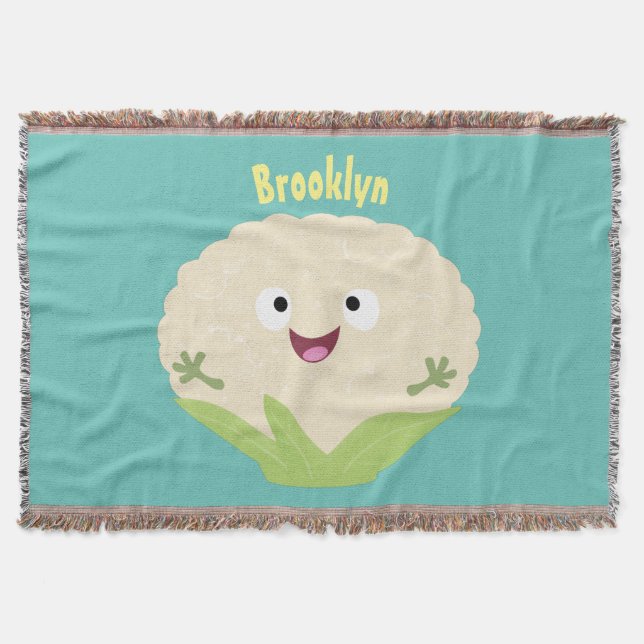 Cute happy cauliflower vegetable cartoon throw blanket (Front)