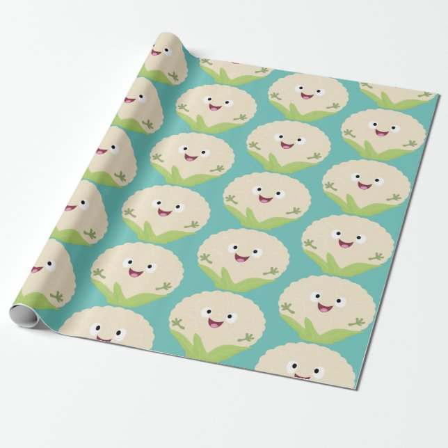 Cute happy cauliflower vegetable cartoon wrapping paper (Unrolled)