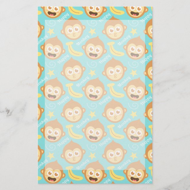 Cute, Happy, Cheeky Monkey Pattern with Bananas Stationery (Front)