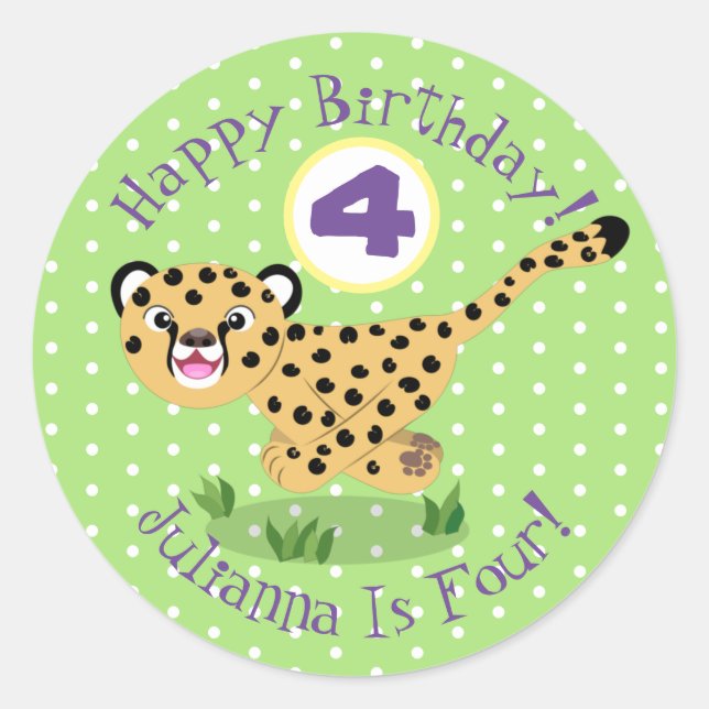 Cute happy cheetah running cartoon illustration classic round sticker (Front)