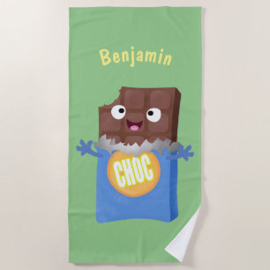 Cute happy chocolate candy bar cartoon character beach towel