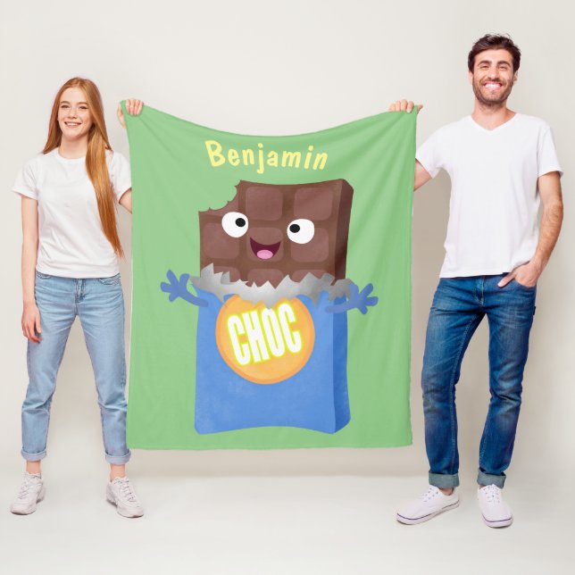 Cute happy chocolate candy bar cartoon character fleece blanket (In Situ)