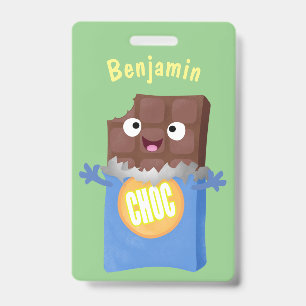 Cute happy chocolate candy bar cartoon character ID badge