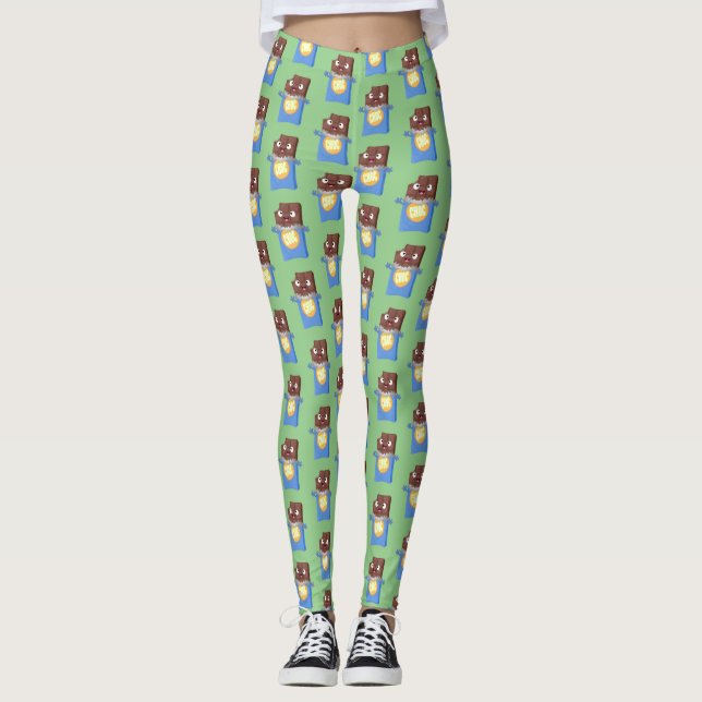 Cute happy chocolate candy bar cartoon character leggings (Front)
