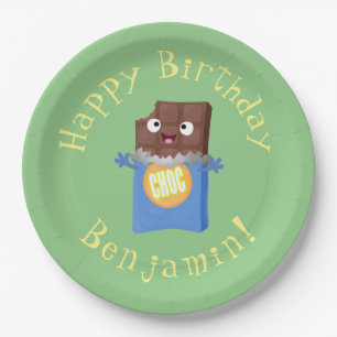 Cute happy chocolate candy bar cartoon character paper plate