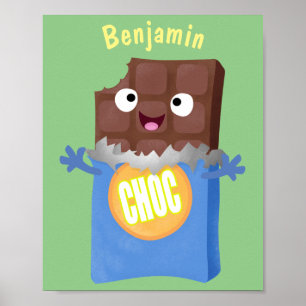 Cute happy chocolate candy bar cartoon character poster