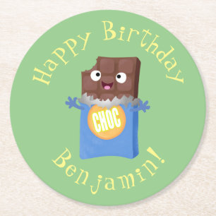 Cute happy chocolate candy bar cartoon character round paper coaster