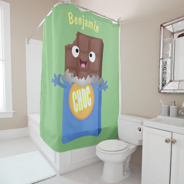 Cute happy chocolate candy bar cartoon character shower curtain (In Situ)