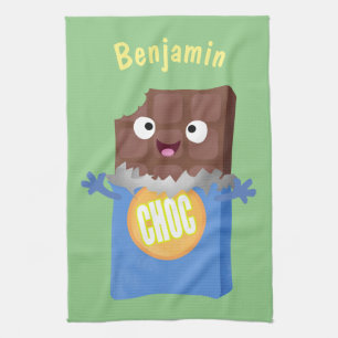 Cute happy chocolate candy bar cartoon character tea towel