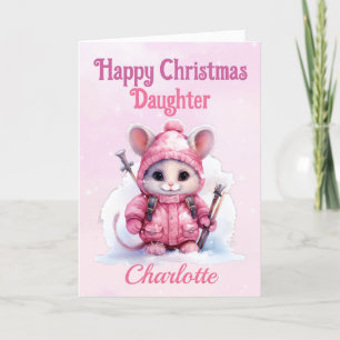 Cute Happy Christmas Daughter Pink Winter Mouse Holiday Card