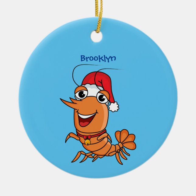 Cute happy Christmas shrimp cartoon illustration Ceramic Ornament (Front)
