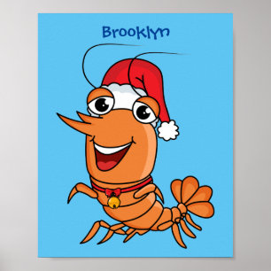 Cute happy Christmas shrimp cartoon illustration Poster