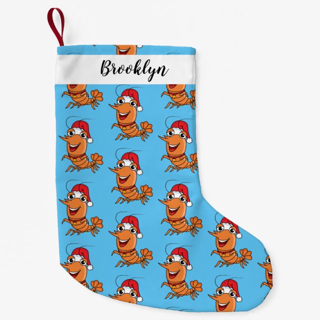 Cute happy Christmas shrimp cartoon illustration Small Christmas Stocking (Front)
