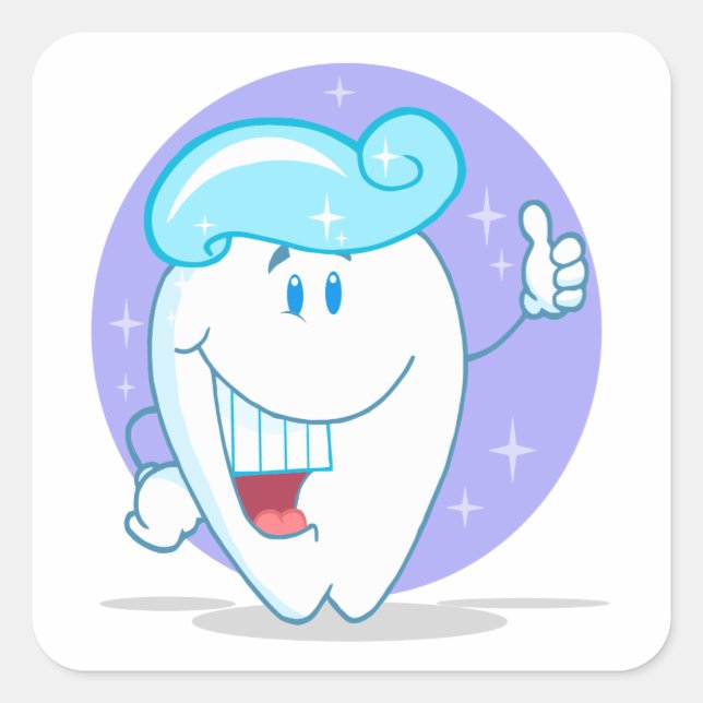 cute happy clean sparkling tooth cartoon character square sticker (Front)