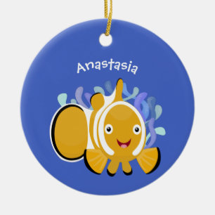 Cute happy clownfish anenome cartoon ceramic ornament