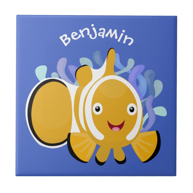 Cute happy clownfish anenome cartoon ceramic tile (Front)