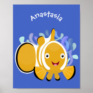 Cute happy clownfish anenome cartoon poster
