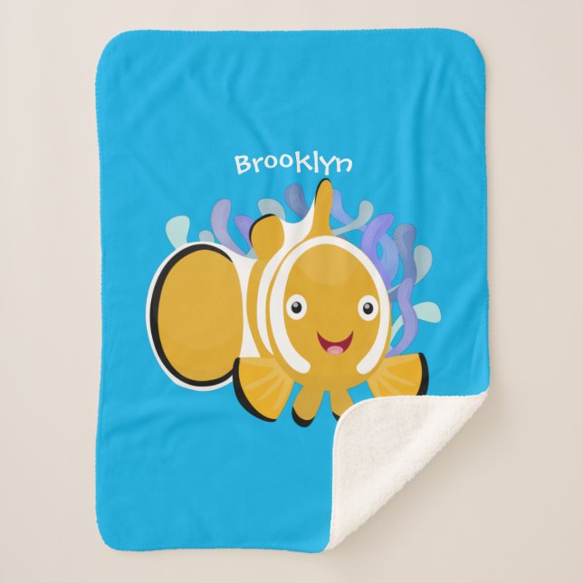 Cute happy clownfish anenome cartoon sherpa blanket (Front)