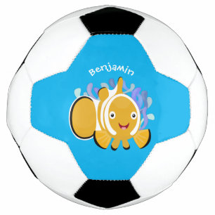 Cute happy clownfish anenome cartoon soccer ball