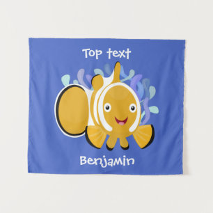 Cute happy clownfish anenome cartoon tapestry