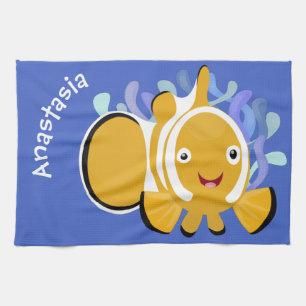 Cute happy clownfish anenome cartoon tea towel
