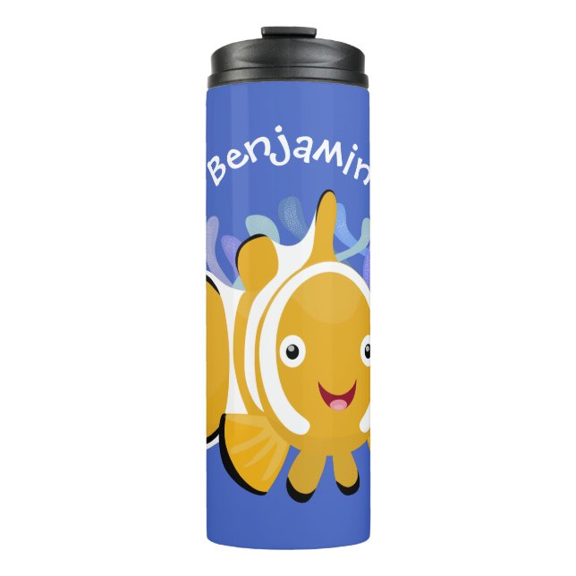 Cute happy clownfish anenome cartoon thermal tumbler (Front)