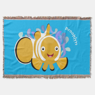 Cute happy clownfish anenome cartoon throw blanket