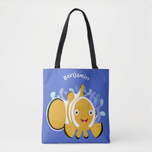 Cute happy clownfish anenome cartoon tote bag