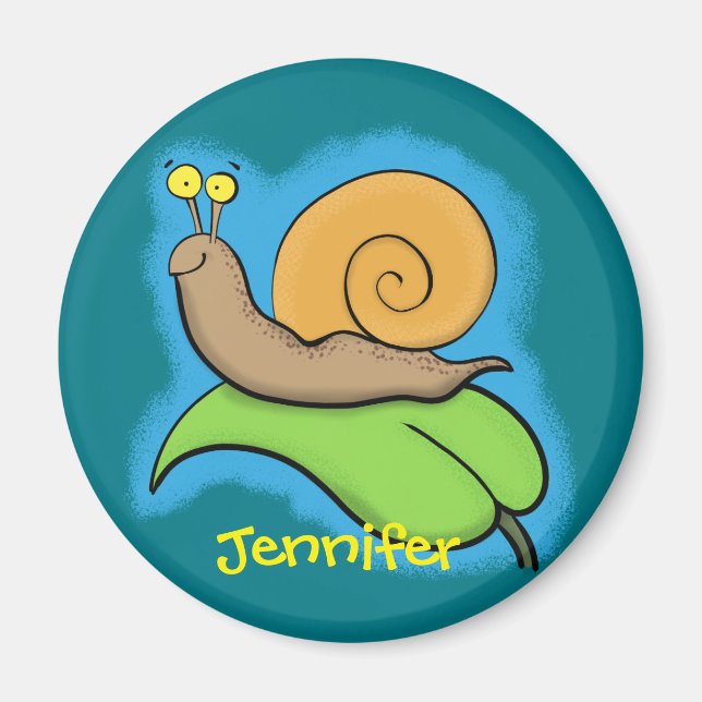 Cute happy, colourful snail on a leaf magnet (Front)