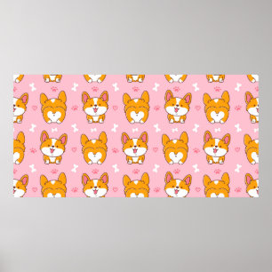 Cute happy corgi dog seamless pattern poster