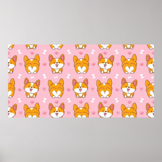 Cute happy corgi dog seamless pattern poster (Front)