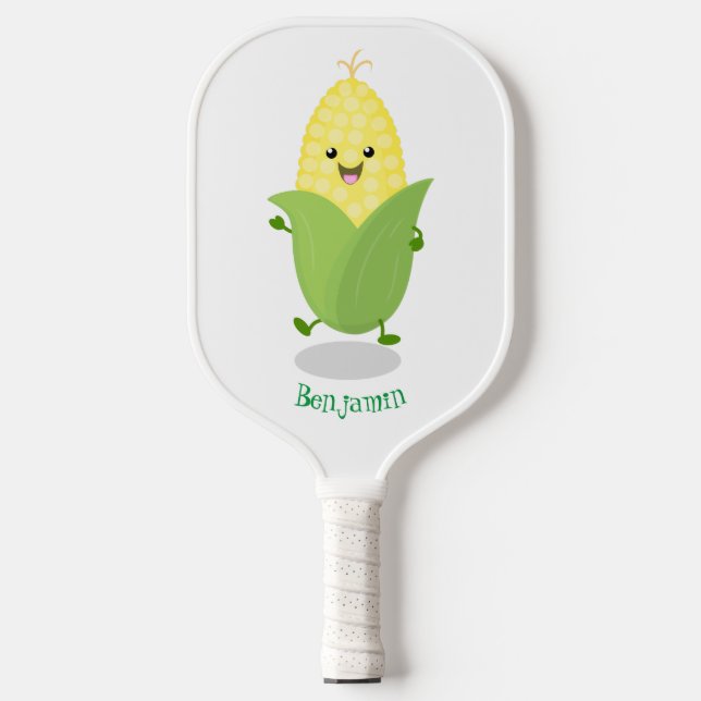 Cute happy corn cartoon illustration pickleball paddle (Front)