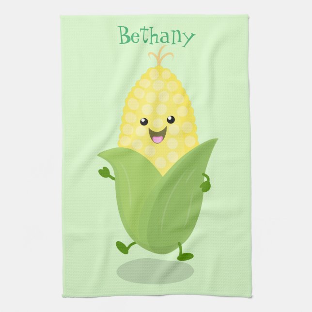 Cute happy corn cartoon illustration tea towel (Vertical)