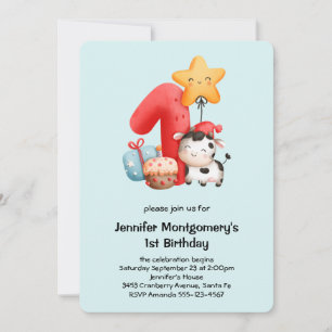 Cute Happy Cow 1st Birthday Invitation