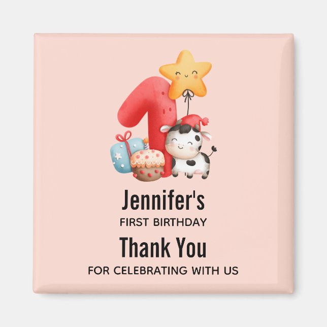 Cute Happy Cow 1st Birthday Thank You Magnet (Front)