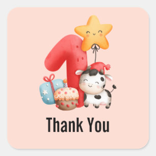 Cute Happy Cow 1st Birthday Thank You Square Sticker