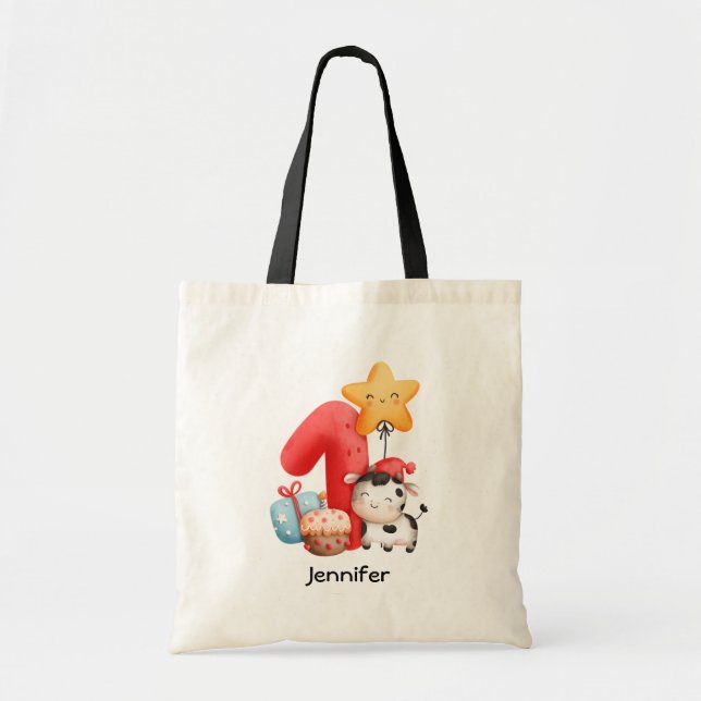 Cute Happy Cow 1st Birthday Tote Bag (Front)