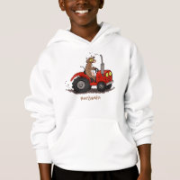 Cute happy cow driving a red tractor cartoon