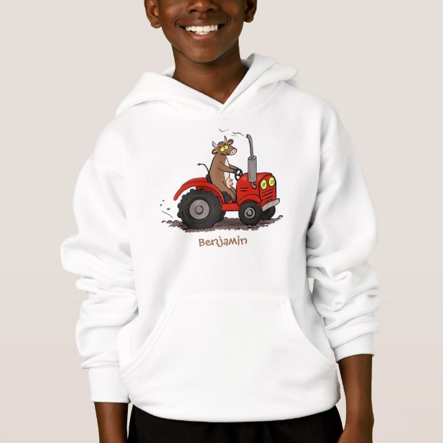 Cute happy cow driving a red tractor cartoon (Front)