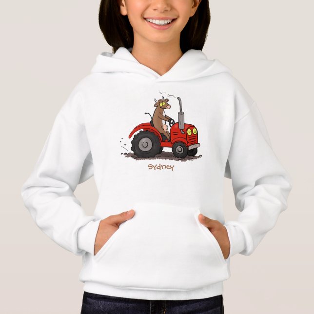 Cute happy cow driving a red tractor cartoon (Front)